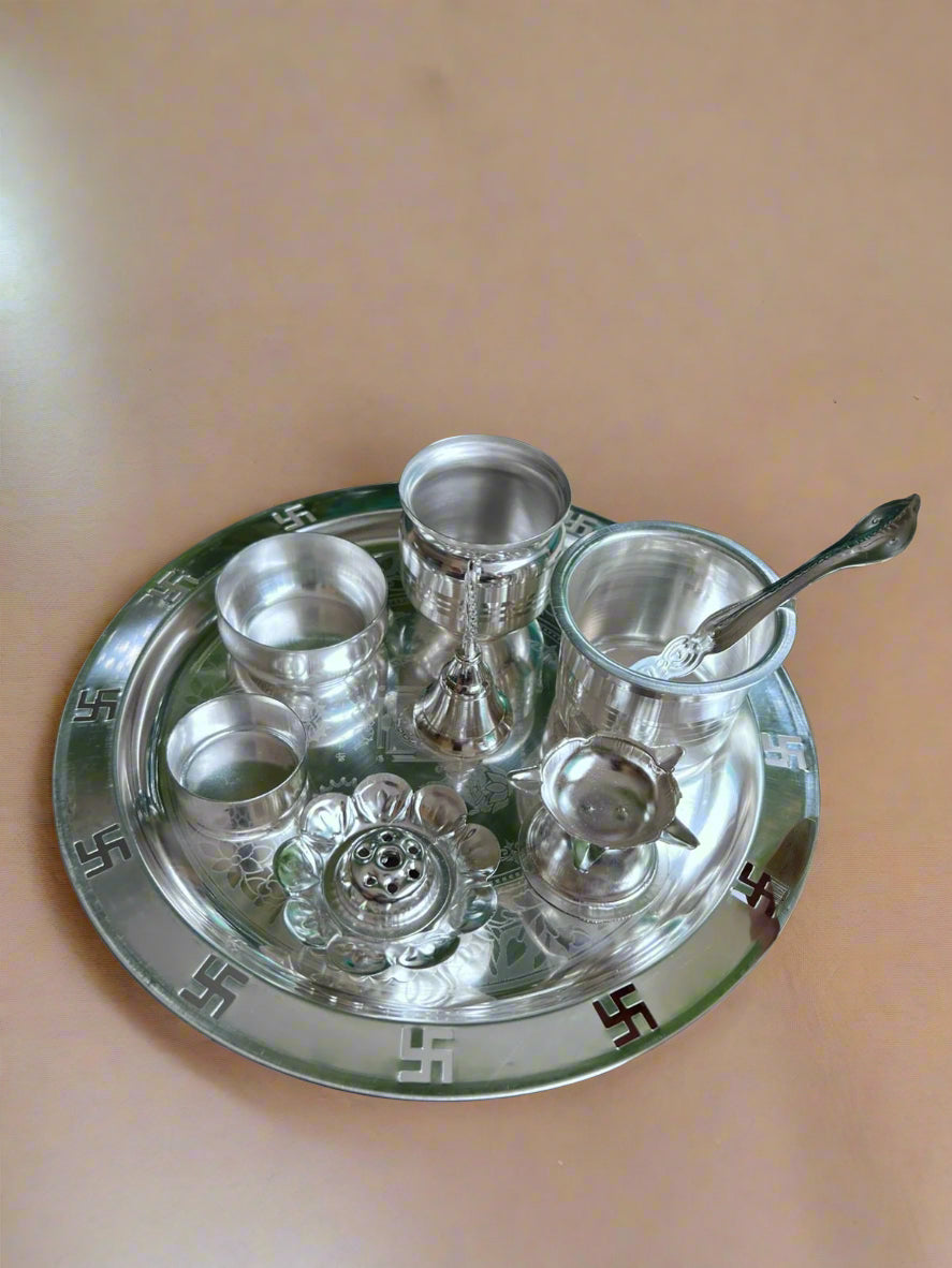 german silver pooja thali set for diwali/ housewarming pooja - 8 pieces set